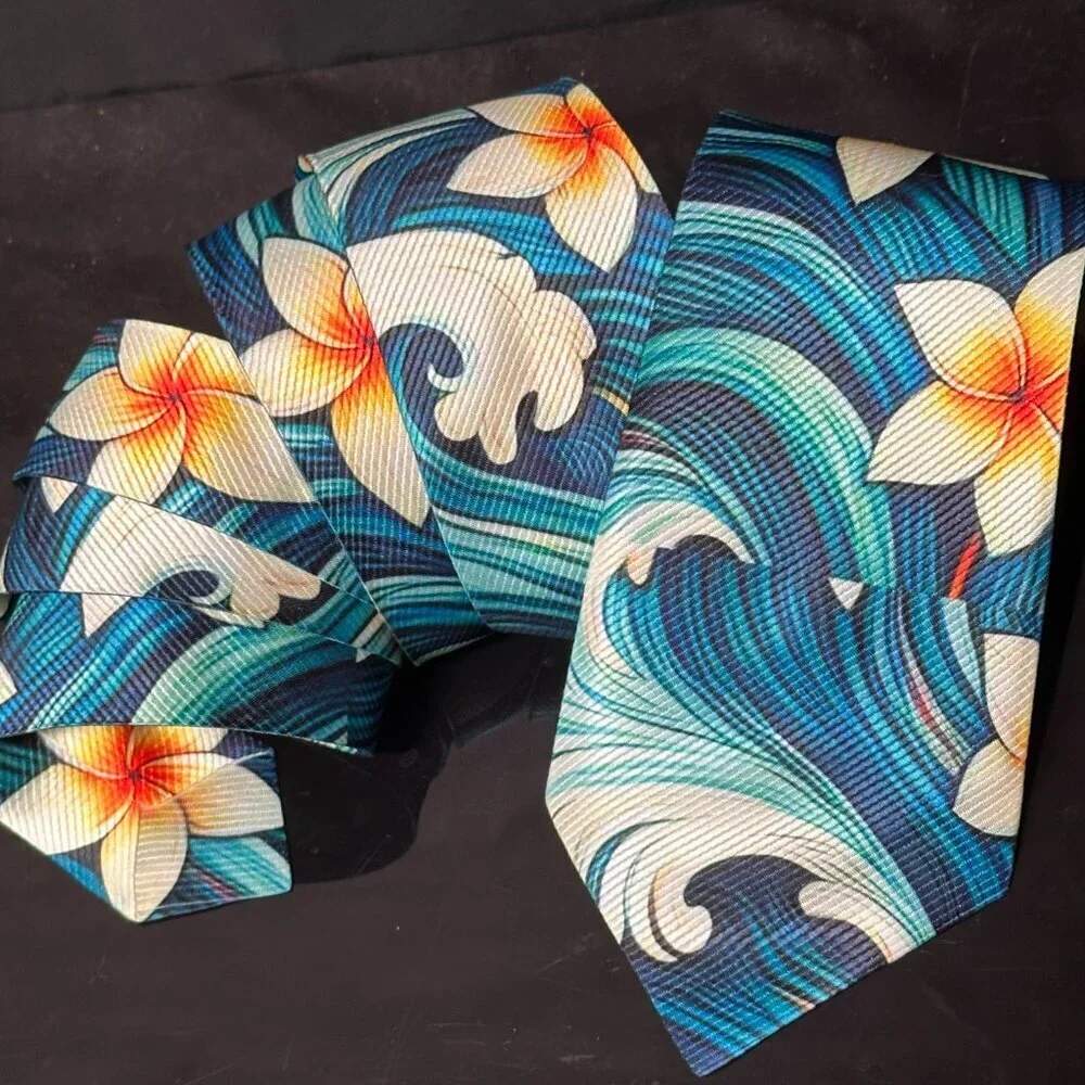 Hawaiian Floral Menswear Necktie Aloha Neckwear Resort Gift Tropical Blue Tie